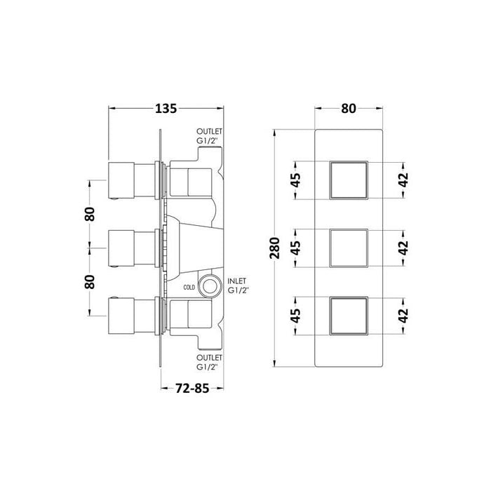 Hudson Reed Square Triple Shower Valve - Unbeatable Bathrooms