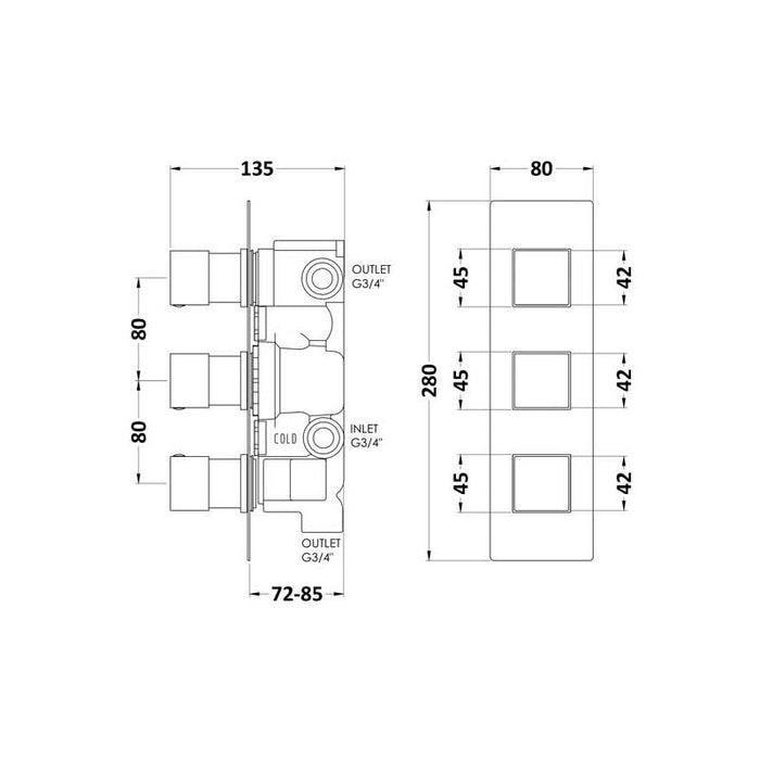 Hudson Reed Square Triple Shower Valve - Unbeatable Bathrooms