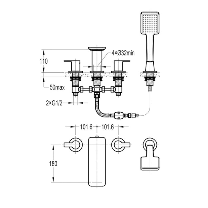 Flova Spring 4-Hole Deck Mounted Bath and Shower Mixer with Shower Set - Unbeatable Bathrooms