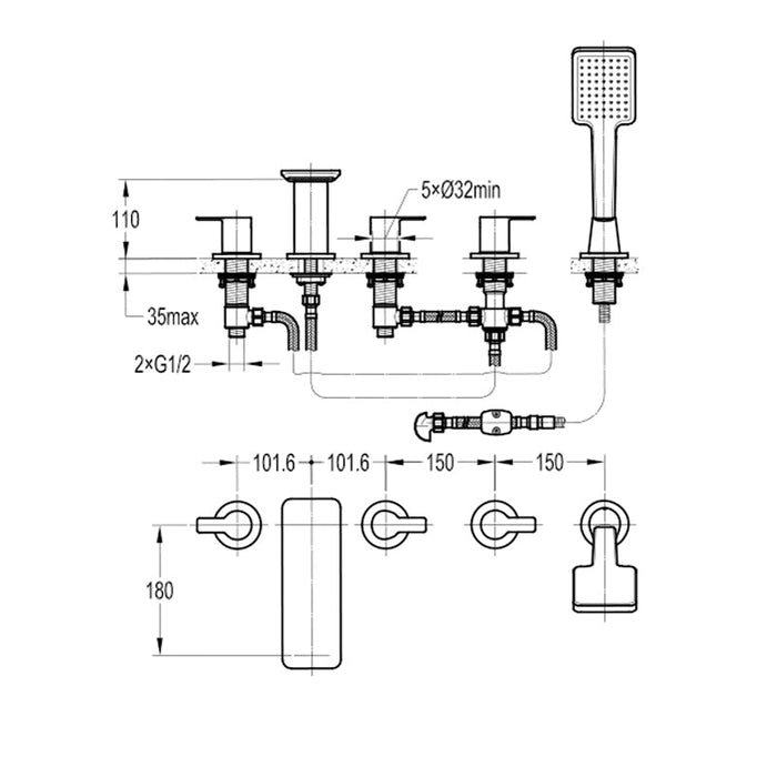 Flova Spring 5-Hole Deck Mounted Bath and Shower Mixer with Shower Set - Unbeatable Bathrooms