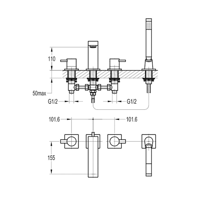 Flova STR8 4-Hole Deck Mounted Bath and Shower Mixer with Shower Set - Unbeatable Bathrooms