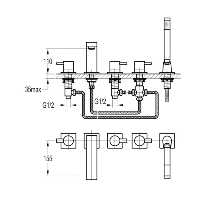 Flova STR8 5-Hole Deck Mounted Bath and Shower Mixer with Shower Set - Unbeatable Bathrooms