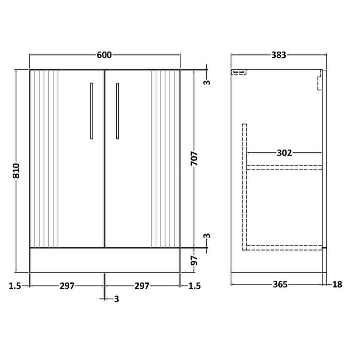 Nuie Deco 600mm Floor Standing 2 Door Fluted Vanity Unit & Basin - Satin White - Unbeatable Bathrooms