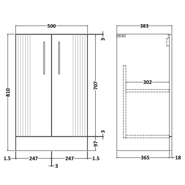 Nuie Deco 500mm Floor Standing 2-Door Vanity Unit & Basin (Various) - Unbeatable Bathrooms