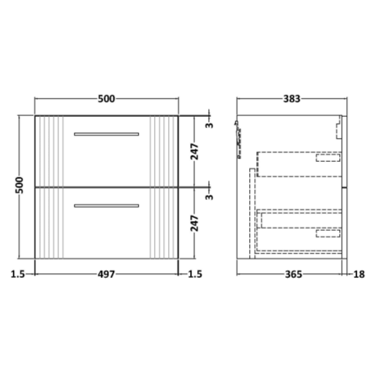 Nuie Deco 500mm Wall Hung 2 Drawer Fluted Vanity Unit & Basin - Satin White - Unbeatable Bathrooms
