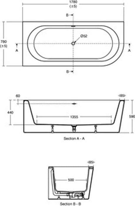 Ideal Standard Adapto 178cm x 78cm Asymmetric Double Ended Bath with Clicker Waste and Slotted Overflow, No Tapholes - Unbeatable Bathrooms