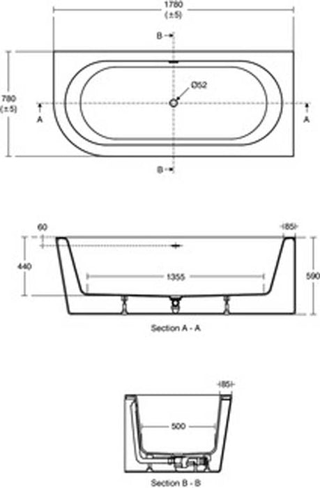 Ideal Standard Adapto 178cm x 78cm Asymmetric Double Ended Bath with Clicker Waste and Slotted Overflow, No Tapholes - Unbeatable Bathrooms