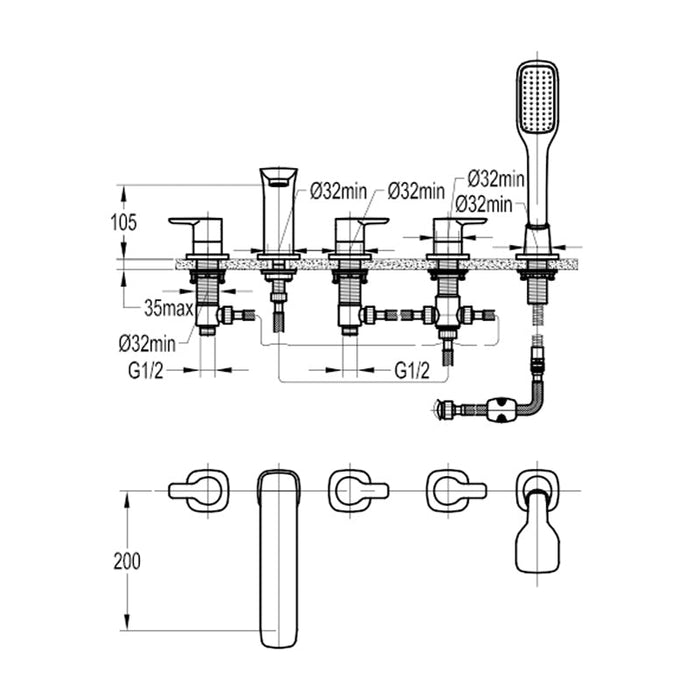 Flova Urban 5-Hole Bath and Shower Mixer with Shower Set - Unbeatable Bathrooms