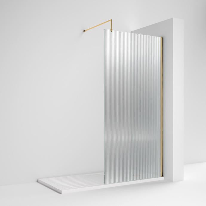 Nuie Fluted Wet Room Shower Screen 900mm with Support Bar - Brushed Brass - Unbeatable Bathrooms