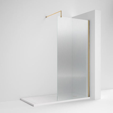 Nuie Fluted Wet Room Shower Screen 800mm with Support Bar - Brushed Brass - Unbeatable Bathrooms