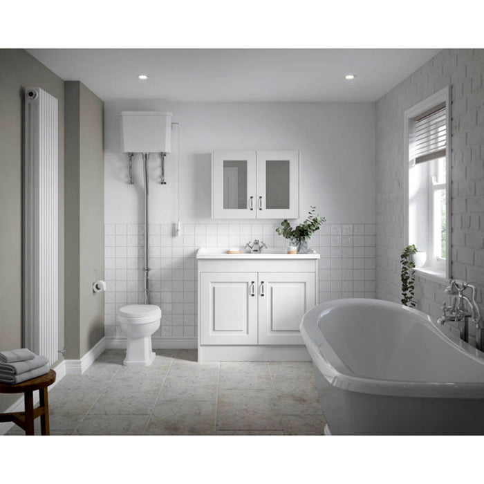 Nuie York 2 Door Floor Standing Vanity Unit with White Marble Top & 3 Tap Hole Basin - Unbeatable Bathrooms