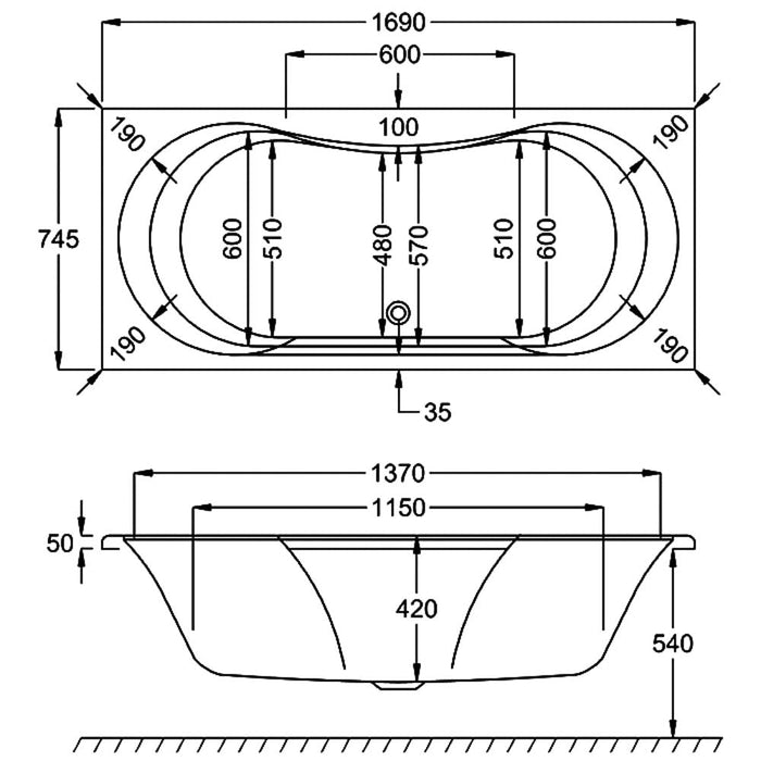 Carron Arc 5mm Acrylic Carronite White 1700mm x 850mm Shower Bath - Unbeatable Bathrooms