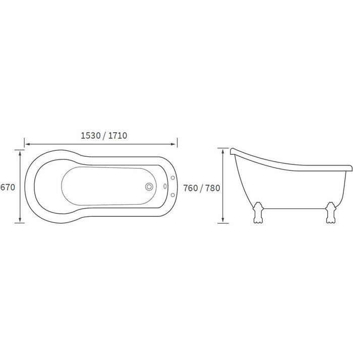 Bliss BLIS102811 Mullberry Freestanding 1530 x 670 x 760mm 2TH Bath w/Feet - White - Unbeatable Bathrooms