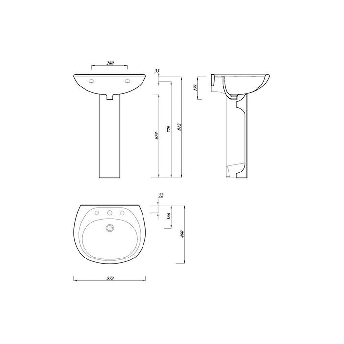 Bliss BLIS103720 Simplicity 573 x 460mm 2TH Basin & Full Pedestal - Unbeatable Bathrooms