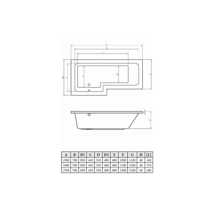 Bliss L-Shape Single End 1700 x 700-850 x 410mm 0TH Bath Only - Unbeatable Bathrooms