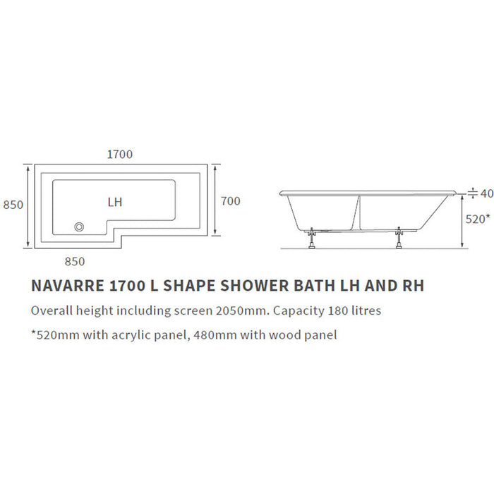Bliss Gazella L Shape SUPERCAST 1700 x 850 x 560mm 0TH Shower Bath Pack - Unbeatable Bathrooms