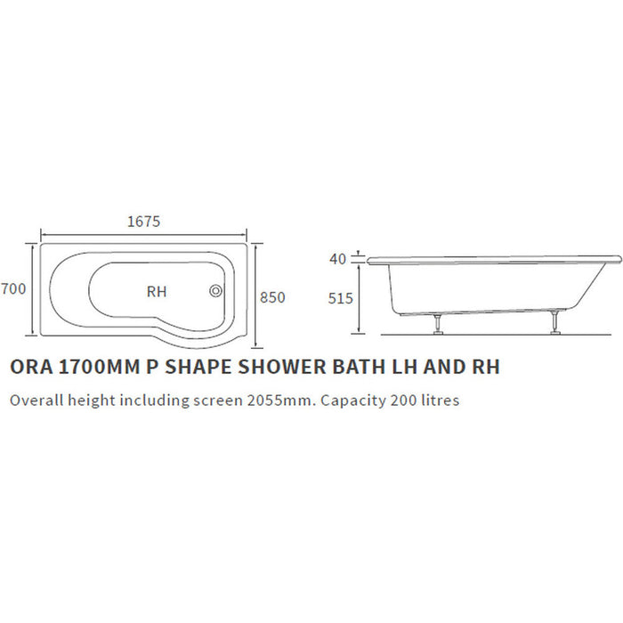 Bliss Odyssey P Shape 1700 x 850 x 560mm 0TH Shower Bath Pack - Unbeatable Bathrooms