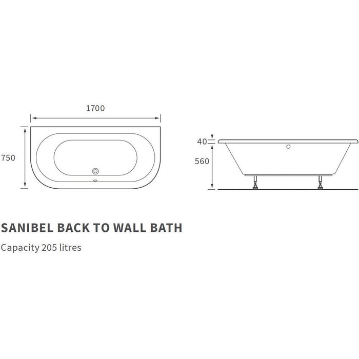 Bliss BLIS105668 Saffron Back To Wall 1700 x 750 x 600mm 0TH Bath w/Legs - Unbeatable Bathrooms