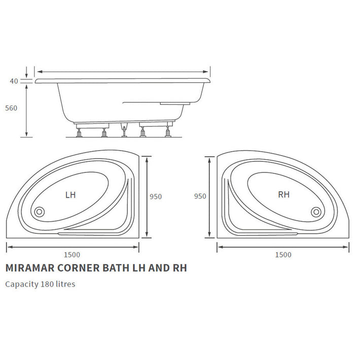 Bliss Reno 1500 x 950 x 600mm 0TH Offset Corner Bath w/Legs - Unbeatable Bathrooms