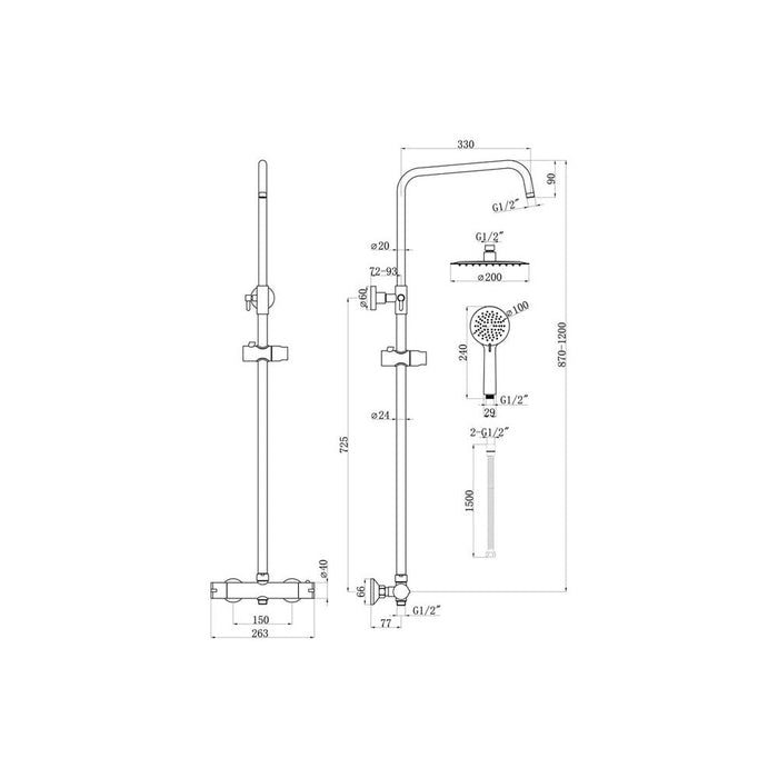 Bliss BLIS105832 Breccia Thermostatic Bar Mixer w/Riser & Overhead Kit - Unbeatable Bathrooms