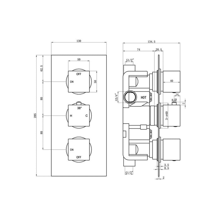 Bliss BLIS105845 Lena Thermostatic Two Outlet Triple Shower Valve - Unbeatable Bathrooms