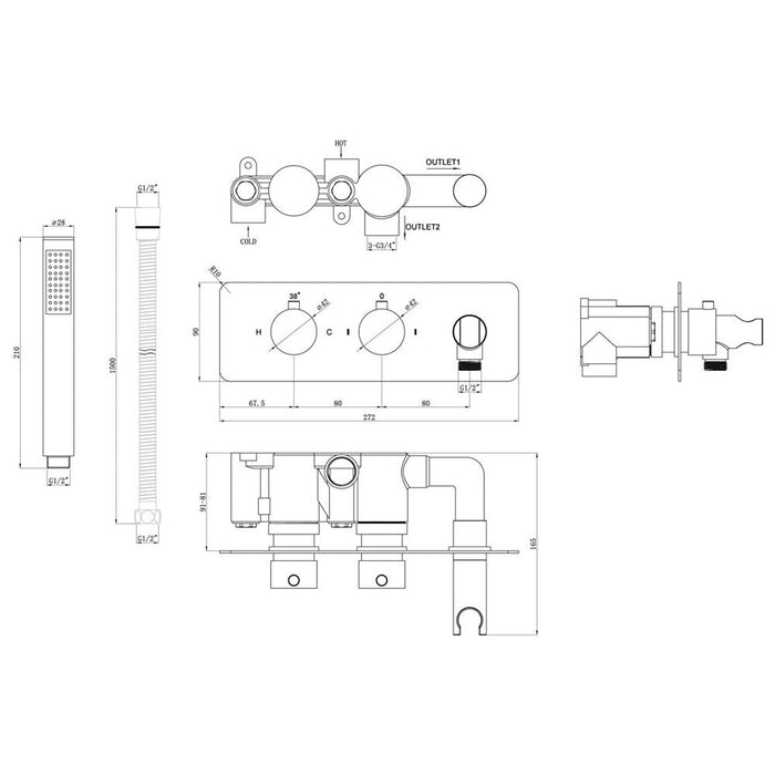 Bliss BLIS105847 Mali Thermostatic Two Outlet Shower Valve with Handset - Unbeatable Bathrooms