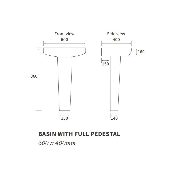 Bliss Olivio 600 x 400mm 1TH Basin with Pedestal - Unbeatable Bathrooms