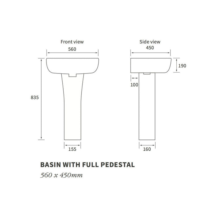 Bliss BLIS1779 Orta 560 x 450mm 1TH Basin & Full Pedestal (Boxed) - Unbeatable Bathrooms