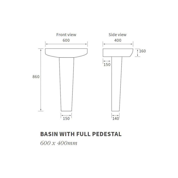 Bliss Sasi 600 x 400mm 1TH Basin with Pedestal - Unbeatable Bathrooms