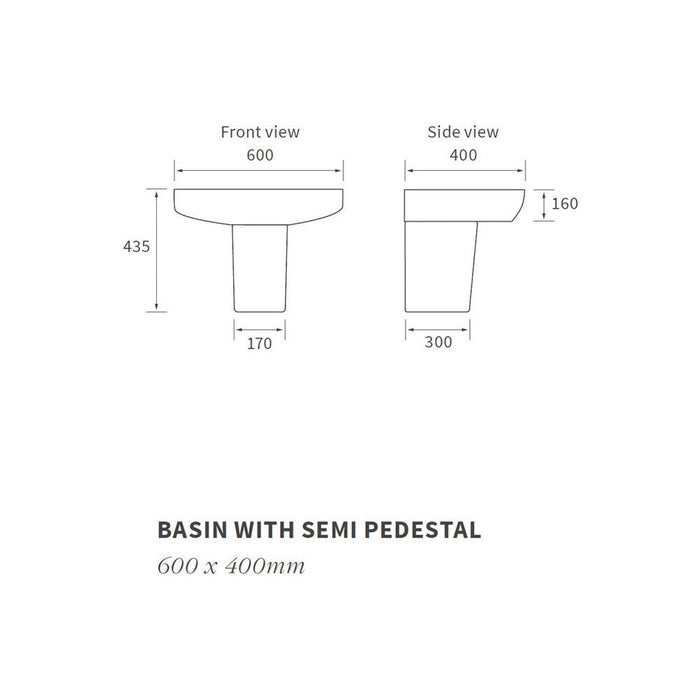 Bliss Sasi 600 x 400mm 1TH Basin with Pedestal - Unbeatable Bathrooms