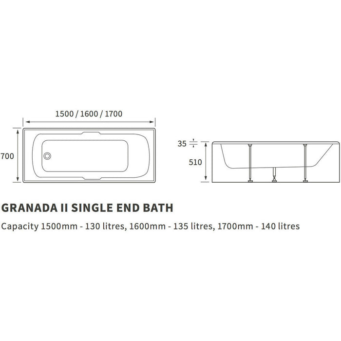 Bliss BLIS3089 Beatrix Single End Twin Grip Textured Base 8mm 1700 x 700 x 510mm 2TH Bath - Unbeatable Bathrooms