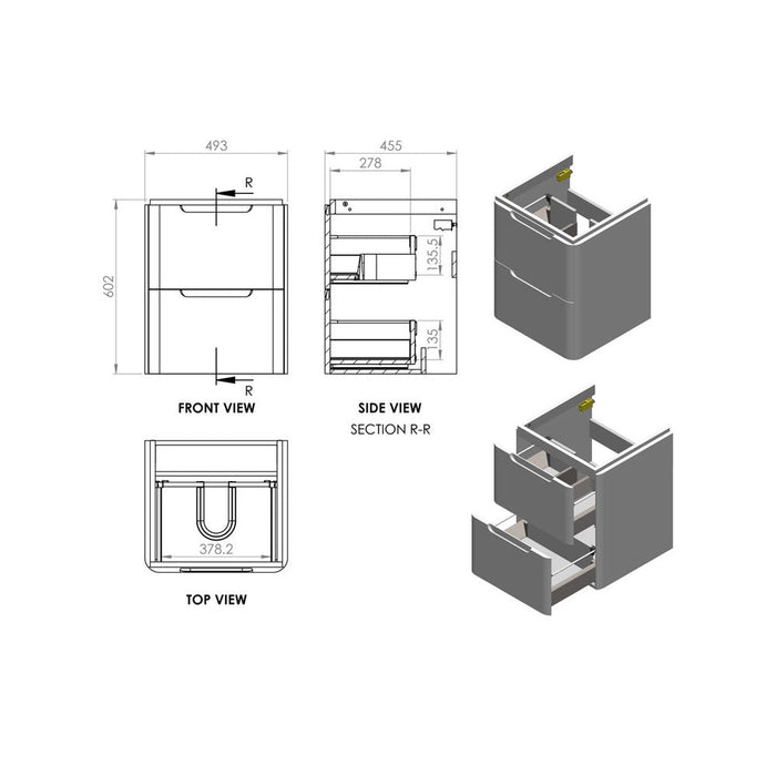Bliss Sento 500mm 2 Drawer Wall Hung Cloakroom Basin Unit - Unbeatable Bathrooms