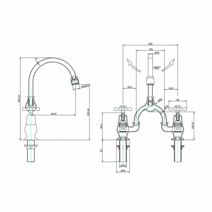 Burlington 2 Tap Hole Arch Mixer with Curved Spout, 200mm Centres - Unbeatable Bathrooms
