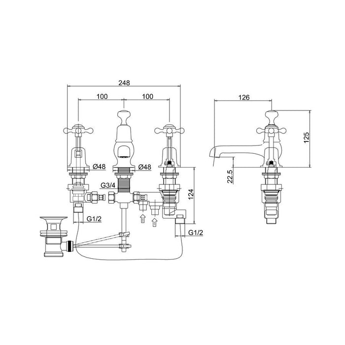 Burlington Birkenhead Thermostatic Tap Hole Mixer with Pop Up Waste - Unbeatable Bathrooms