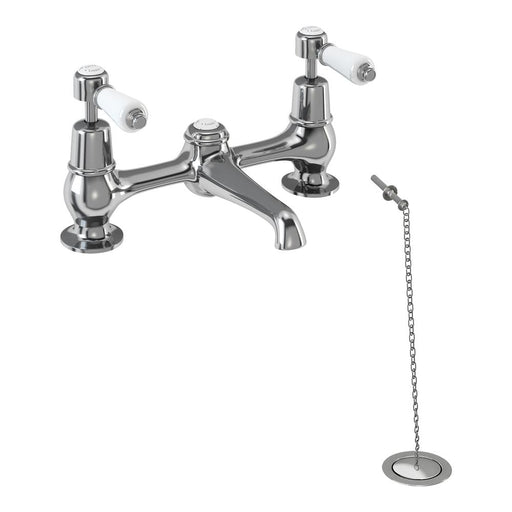 Burlington Chrome Plated 2 Tap Hole Bridge Low Central Indice Basin Mixer with Plug and Chain - Unbeatable Bathrooms