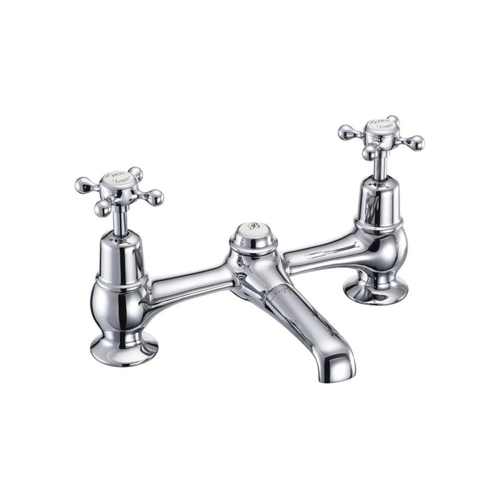 Burlington Claremont 2 Tap Hole Bridge Low Central Indice Basin Mixer with Plug and Chain Waste and Swivel Spout - Unbeatable Bathrooms