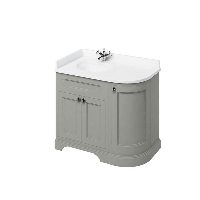 Burlington 1000mm Curved Corner Vanity Unit - Floor Standing 3 Door Unit with White Inset Basin & Worktop (Left Hand) - Unbeatable Bathrooms