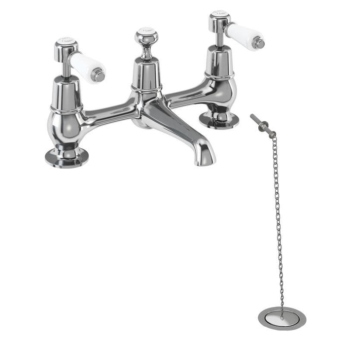 Burlington Kensington 2 Tap Hole Bridge Basin Mixer with High Central Indice with Plug and Chain Waste and Swivel Spout - Unbeatable Bathrooms