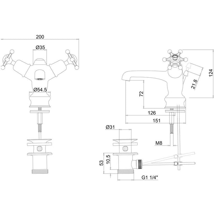 Burlington Low Central Indice Basin Mixer with Pop-Up - Unbeatable Bathrooms