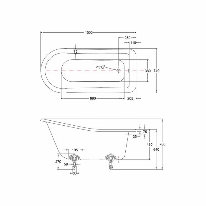 Burlington Traditional Buckingham 1500 x 750mm Slipper Bath - Unbeatable Bathrooms