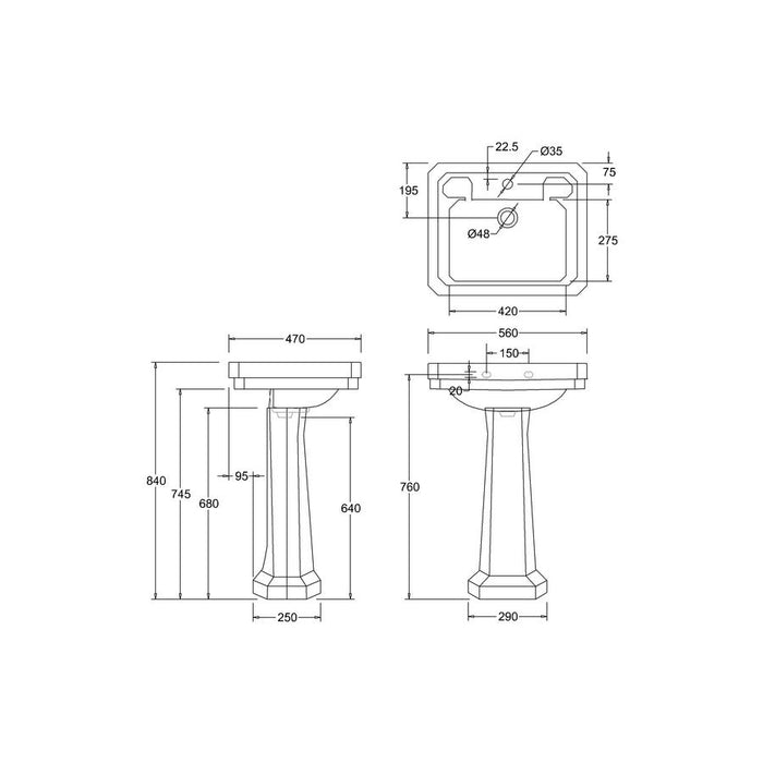 Burlington Victorian 56cm Standard Full Pedestal Basin with Towel Rail - 1, 2 & 3TH - Unbeatable Bathrooms
