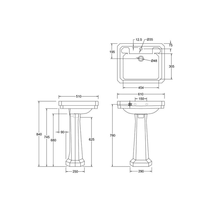 Burlington Victorian 61cm Semi Pedestal Basin with Towel Rail - 1 & 2TH - Unbeatable Bathrooms