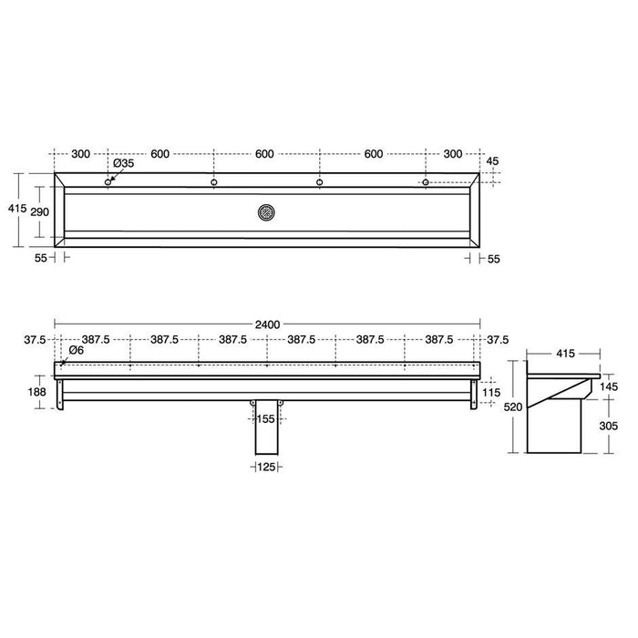 Armitage Shanks Calder Stainless Steel Washing Trough 240cm Long, 4 Taphole Positions, Central Outlet With 2inch Domed Waste - Unbeatable Bathrooms
