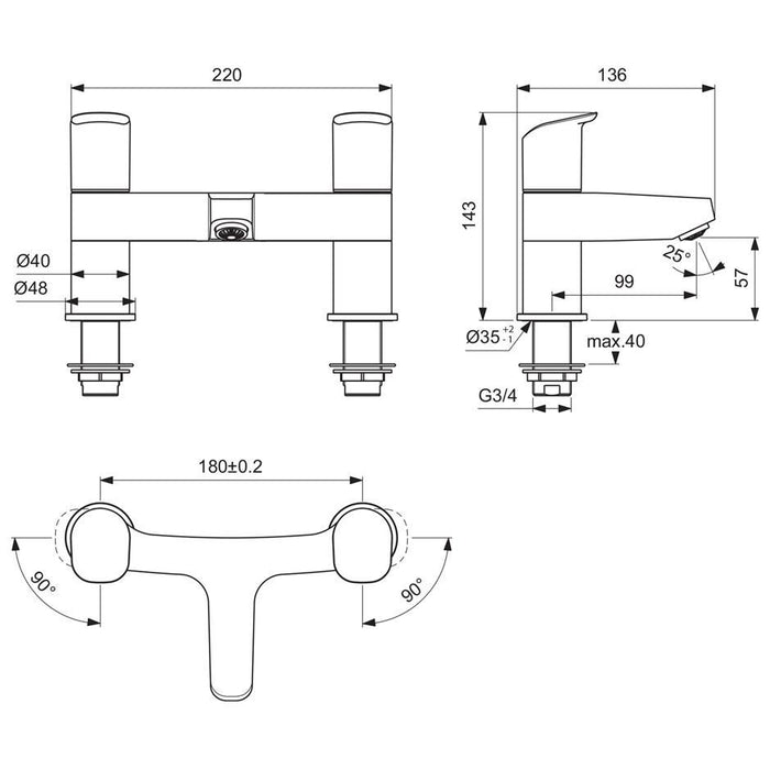 Ideal Standard Ceraflex two hole deck mounted dual control bath filler - Unbeatable Bathrooms