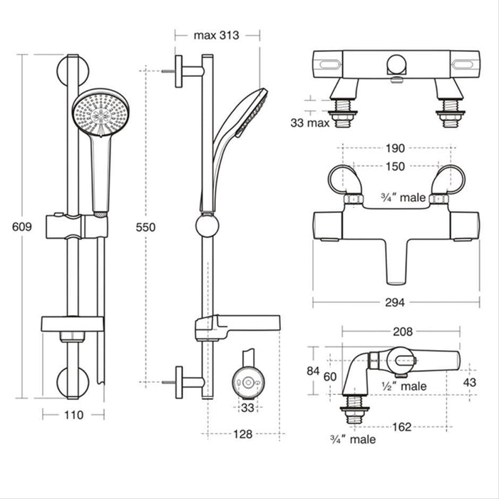 Ideal Standard Ceratherm 100 Exposed thermostatic bath shower mixer pack with rim mounting legs and Idealrain M3 kit - Unbeatable Bathrooms