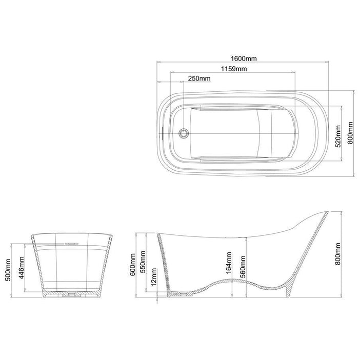 Clearwater Nebbia 1600 x 800mm White Natural Stone Freestanding Slipper Bath - Unbeatable Bathrooms