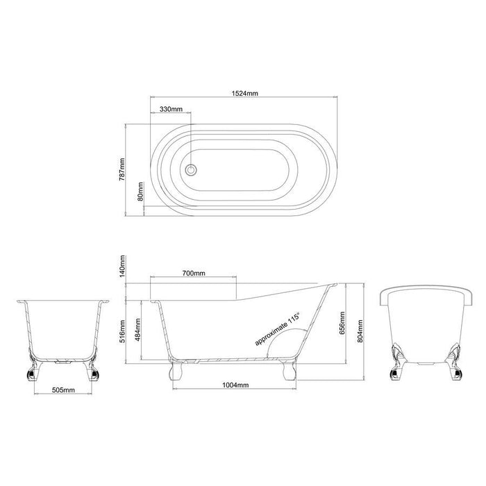 Clearwater Romano Petite 1524 x 787mm Clear Stone White Freestanding Slipper Bath - Unbeatable Bathrooms