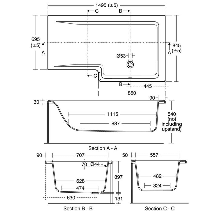 Ideal Standard Concept 150cm x 70/85cm Idealform Square shower bath - Unbeatable Bathrooms