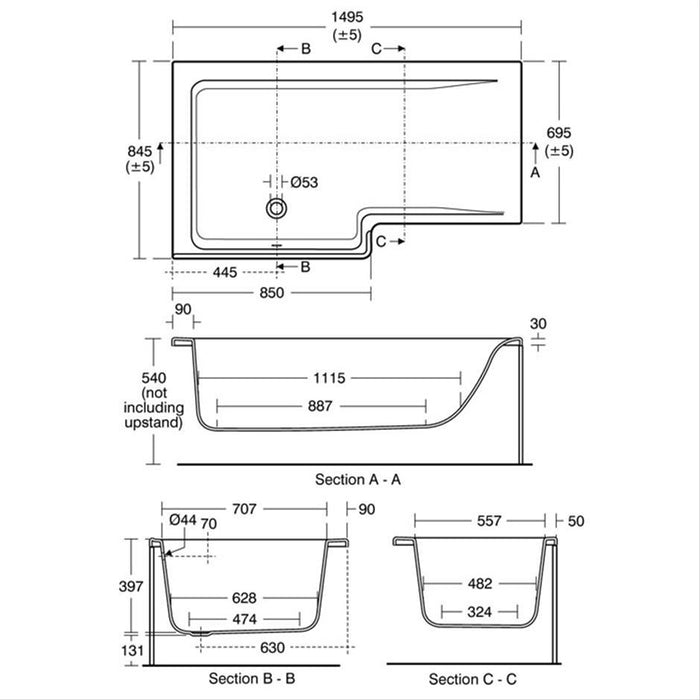 Ideal Standard Concept 150cm x 70/85cm Idealform Square shower bath - Unbeatable Bathrooms
