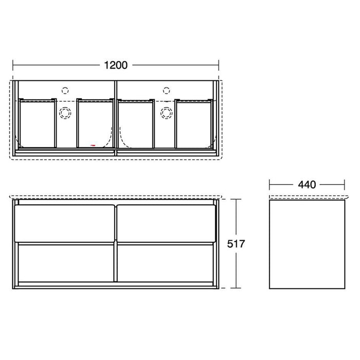 Ideal Standard Concept Air 120cm wall hung vanity unit with 2 drawers and open shelf - Unbeatable Bathrooms